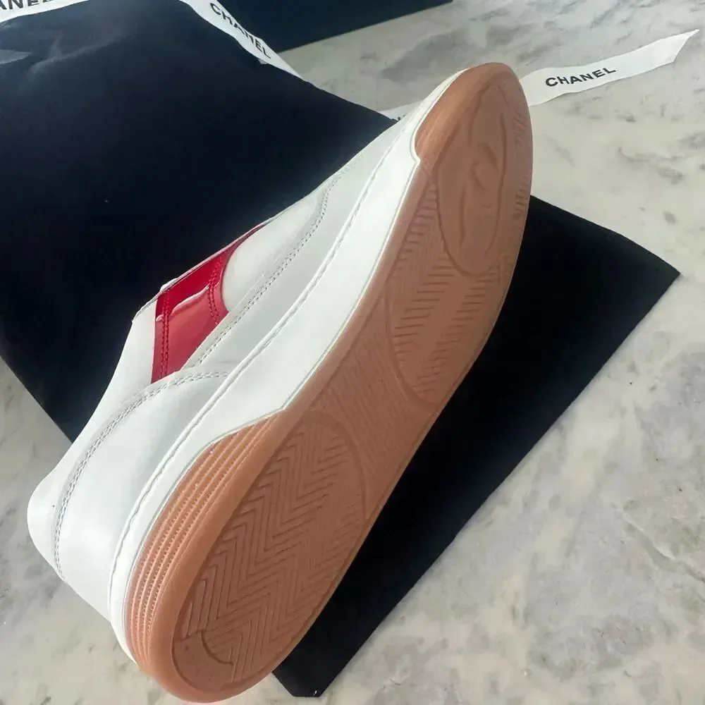 Chanel Woman’s White Sneakers with red and grey CC logo